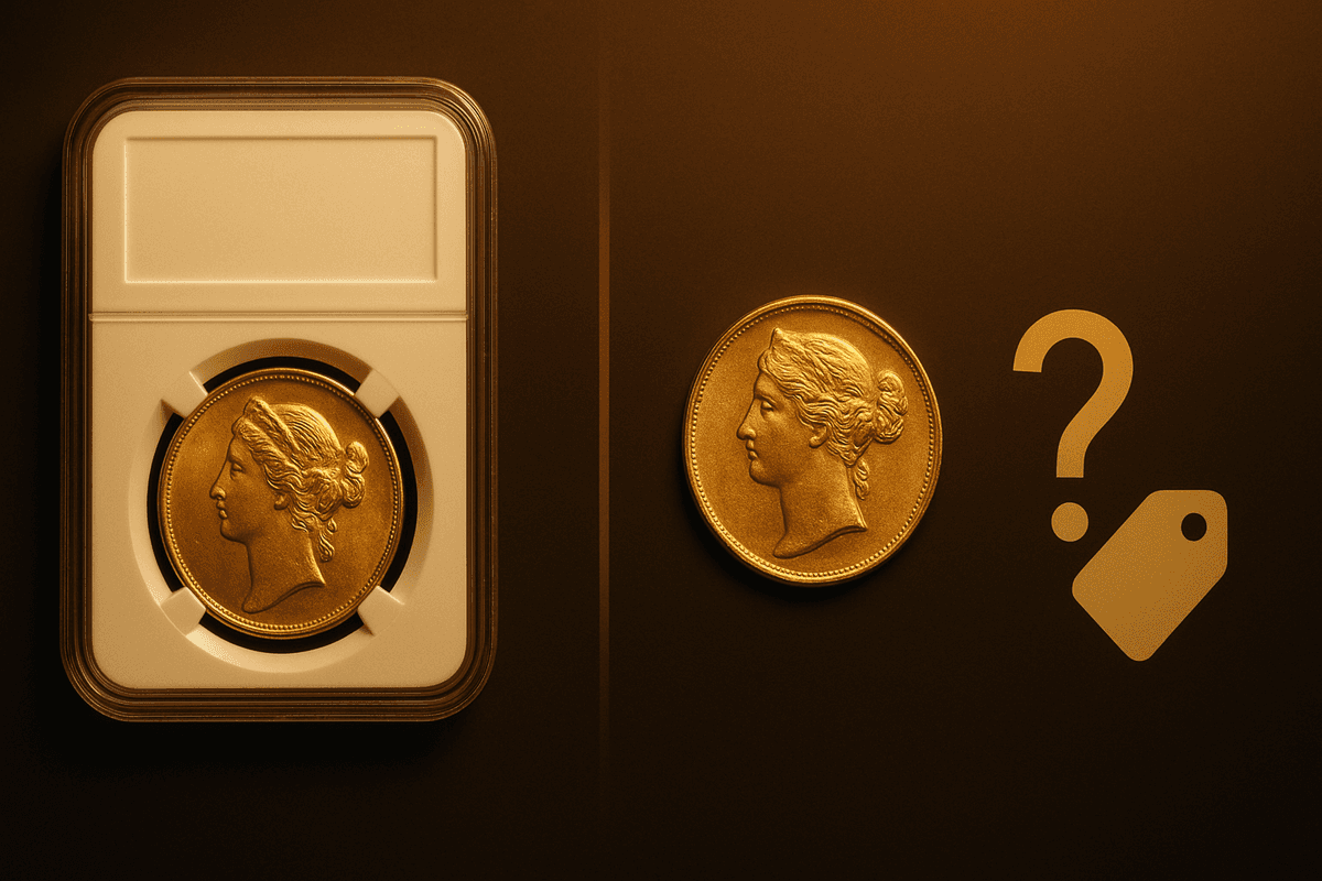 A certified coin in a holder next to a question mark about its price