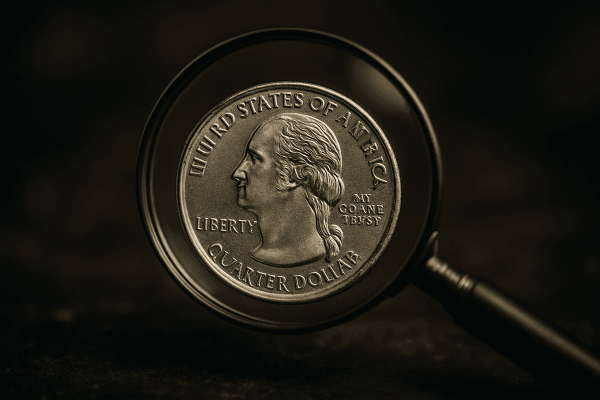 A magnifying glass inspecting a quarter coin