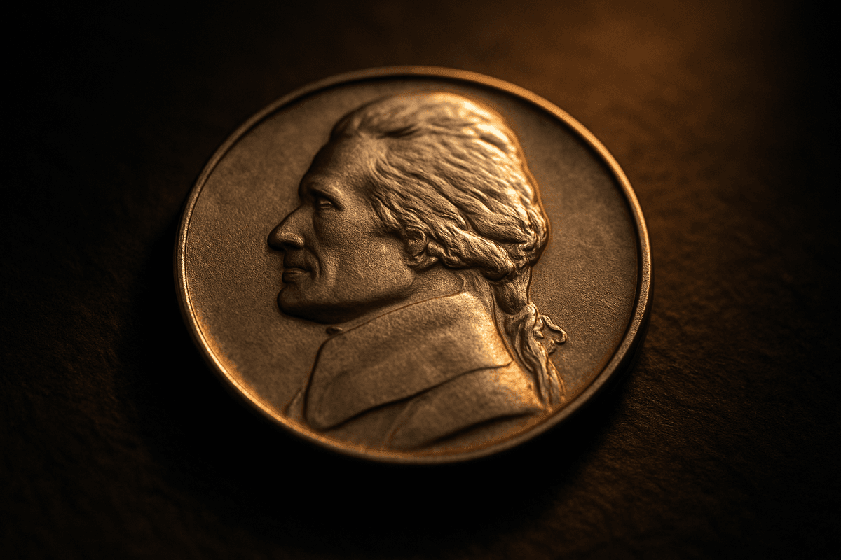 A Jefferson nickel obverse showing the Thomas Jefferson profile