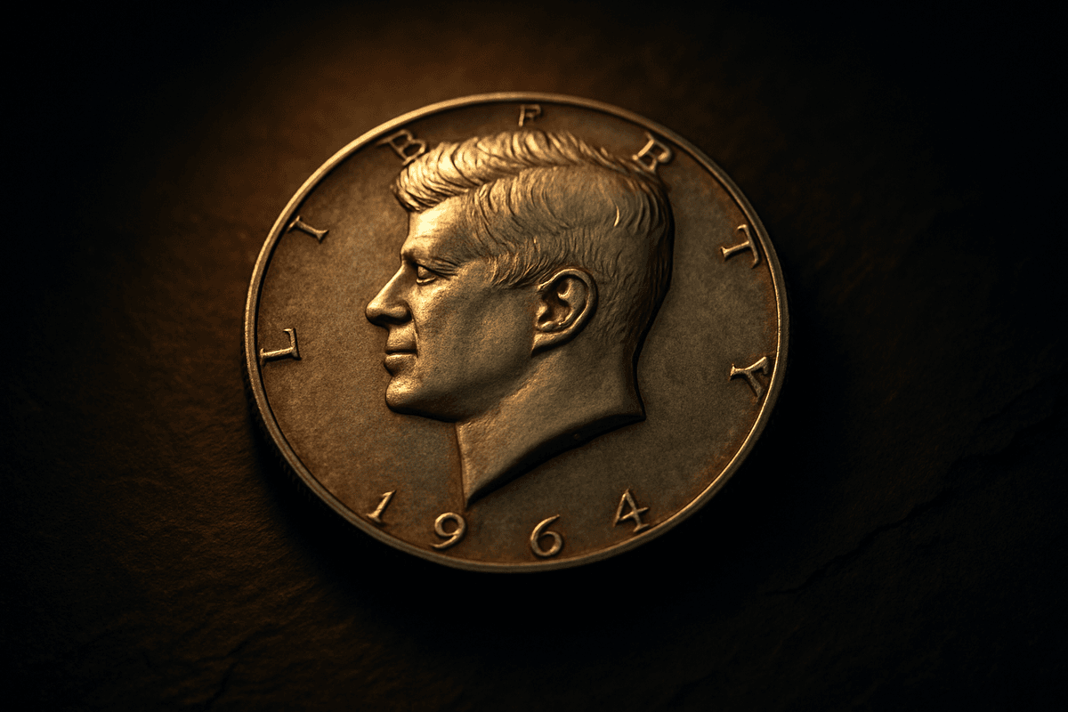 A 1964 Kennedy half dollar obverse showing the President's profile