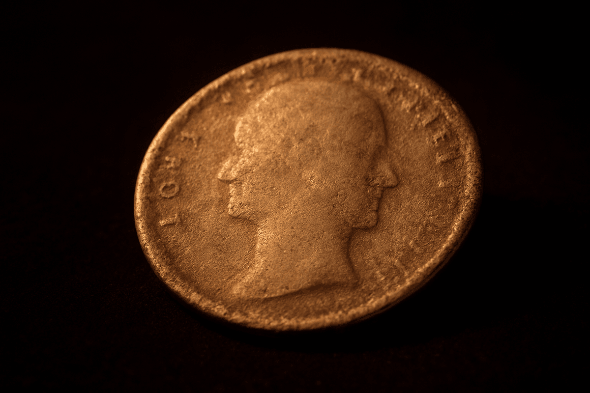 A heavily worn silver coin with faint but readable details on dark velvet