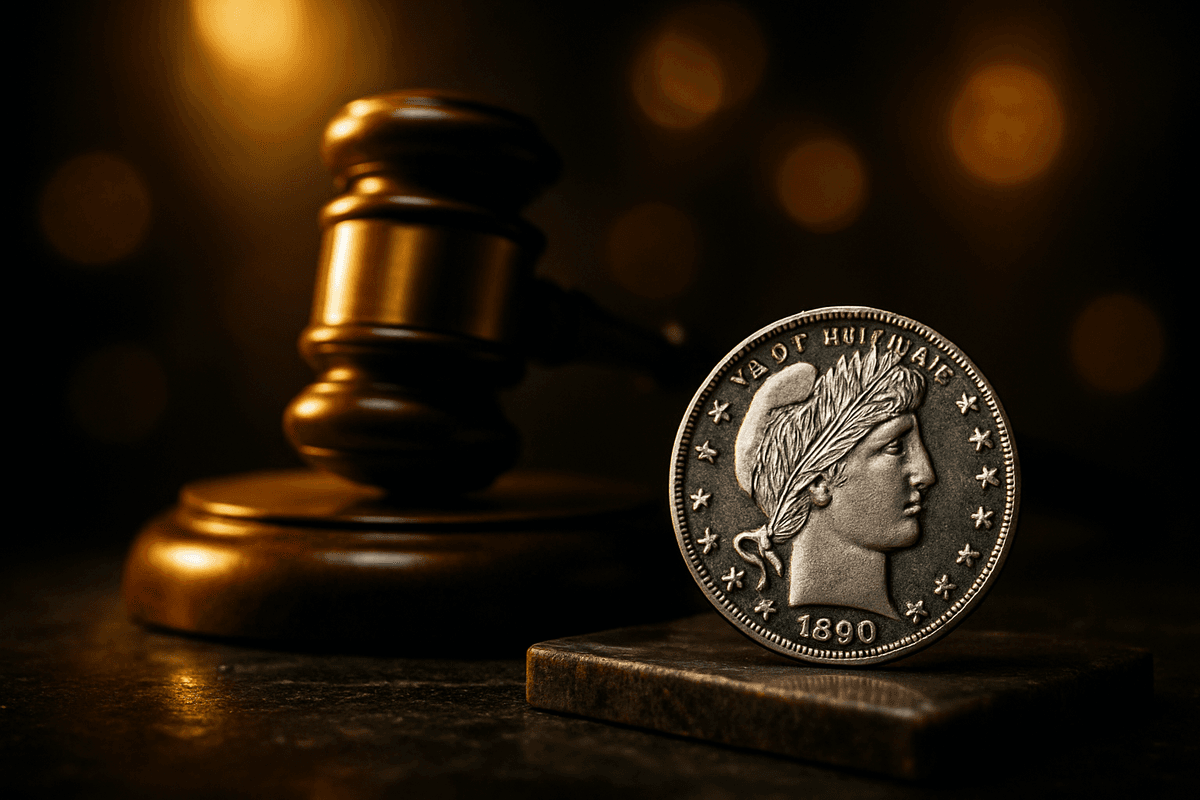 Auction gavel and a silver Barber dime under spotlight