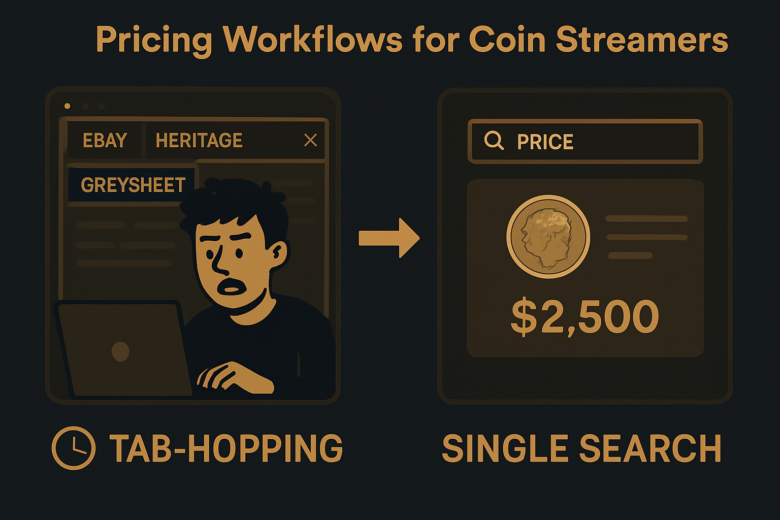 Infographic comparing the chaotic tab-hopping approach vs a single-search pricing tool for coin streamers